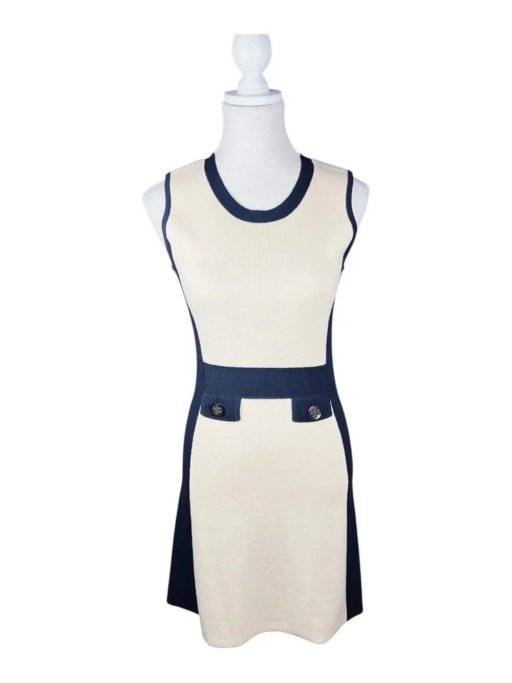 Tory Burch Cream Navy Colorblock Knit Dress Medallion Buttons Sleeveless S